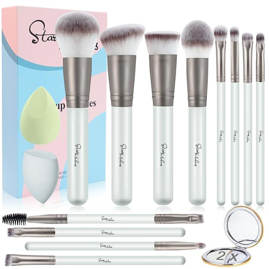 START MAKERS 15PCS Professional Makeup Brushes Set, Premium Synthetic Foundation Powder Concealer Eyeshadow Blush Kabuki Brushes Kit, MakeUp Brushes with 2 Makeup Sponges, Dual-Sided Mirror