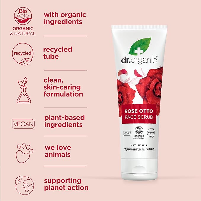 Dr. Organic Rose Otto Face Scrub | Deep Exfoliation, Aids in Healthy Aging, Promotes Radiant Glowy Skin, Vegan, Certified Organic, Natural, 125 mL / 4.2 fl oz