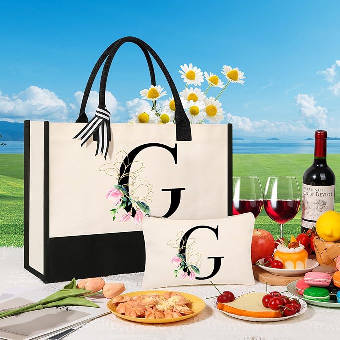 AYGE Personalized Initial Canvas Beach Tote, Monogrammed Gifts for Women, Makeup Bag, Birthday Gifts for Sister, Mom, Teacher, Bridesmaid