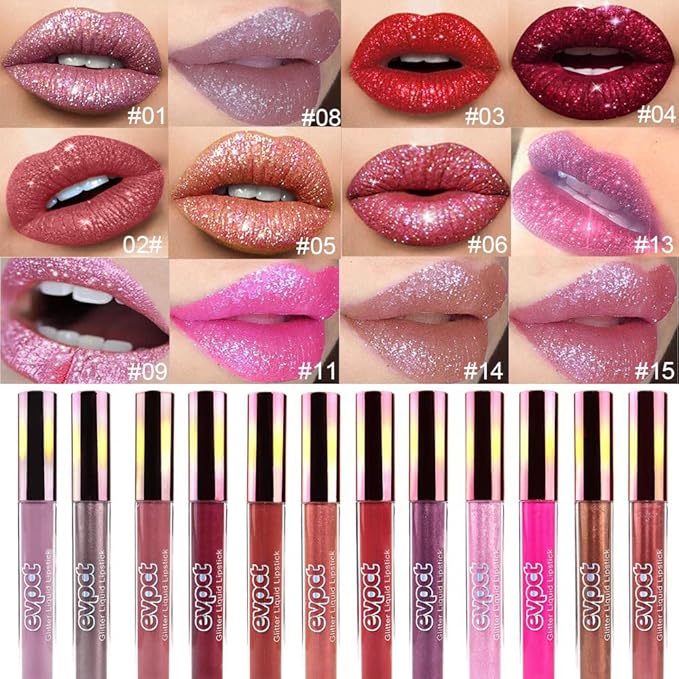 evpct 2Pcs Red Glitter Metallic Shimmer Diamond Lipstick Lip Gloss Stain Set for Women Long Lasting Waterproof, Dark Hot Bright Red Sparkle Glitter Matte long wear Liquid Lipstick Lip Makeup Kit