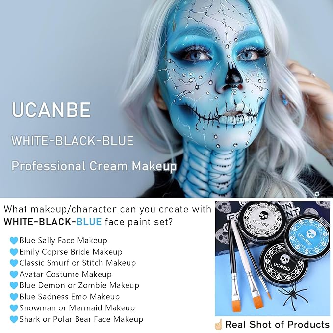 White Black & Light Blue Face Body Paint for Halloween Sally & Corpse Bride Makeup, Non-Toxic Face Painting Kit with Brushes for Kids Adults Smurf Avatar Mermaid & Demon Costume Cosplay SFX Make Up