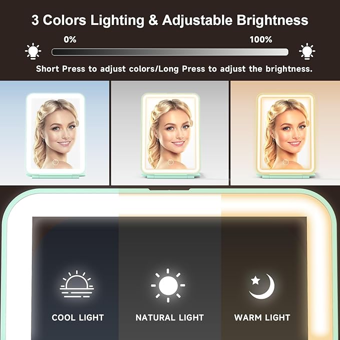Mocado LED Foldable Travel Makeup Mirror - 5x7 inches3 Colors Light Modes USB Rechargeable Touch Screen, Portable Tabletop Cosmetic Mirror for Travel, Cosmetic, Office (Green)