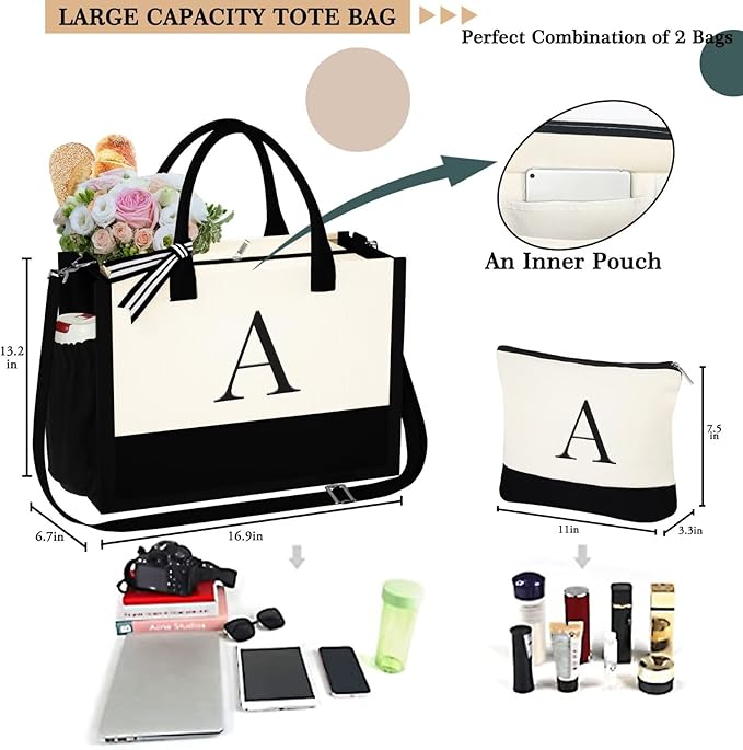 YOOLIFE Gifts for Women - Initial Tote Bag & Makeup Bag, Birthday Gifts for Women Mom Wife Teacher Friend