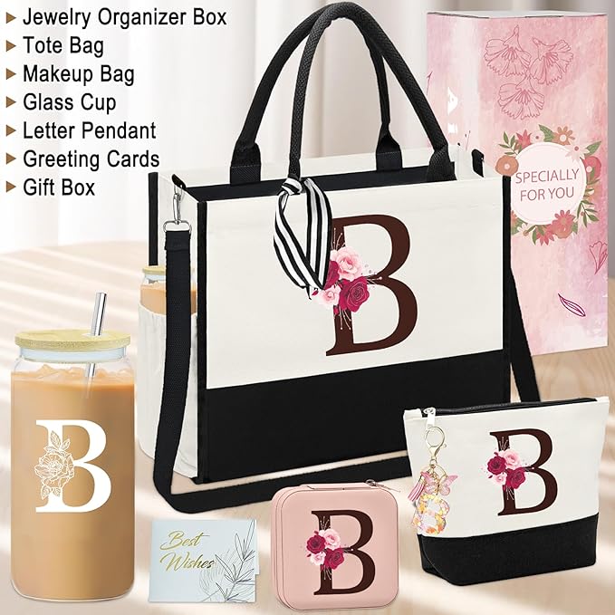 Birthday Gifts for Women,Initial Canvas Tote Bag,Monogrammed Gift for Women,16oz Initial Glass Cup,Makeup Bag with Zipper,Jewelry Organizer Box,Personalized Gifts for Mom-B