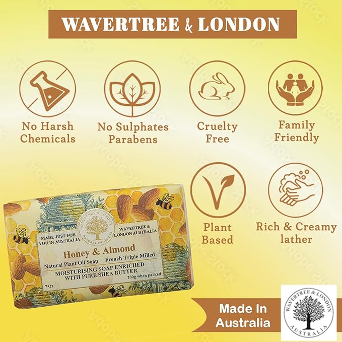 Wavertree & London Honey Almond Scented Natural Soap (2 Bars), 7oz Moisturizing French Triple Milled Soap Bars enriched with shea butter - Pure Plant Based Bath & Body Bars for All Skin Types