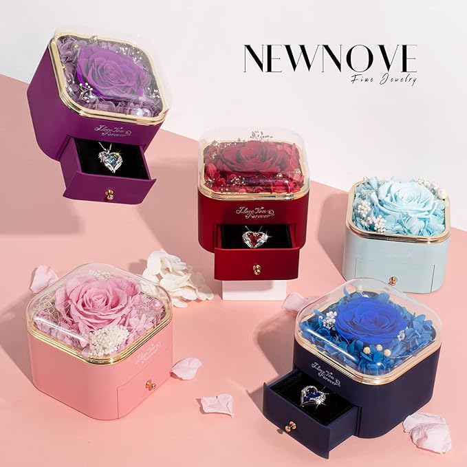 Preserved Real Pink Rose with Angle Wings Necklace, Forever Flowers Gifts for Mom Grandma Wife Girlfriend at Christmas Valentines, Anniversary Birthday Gifts for Women, I Love You Gifts for Her