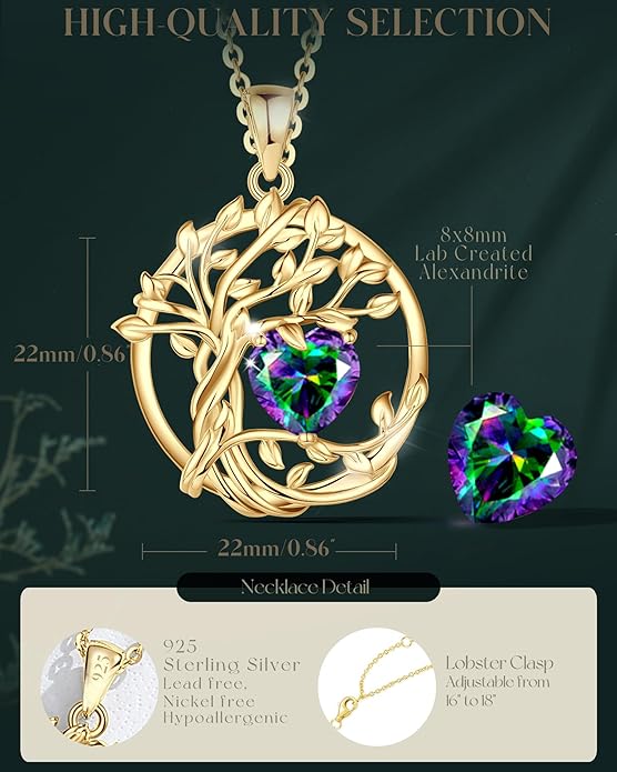 FANCIME Tree of life Birthstone necklace Sterling Silver Pendant Birthstone Necklace Gemstone Anniversary Birthday Jewelry Christmas Gifts for Mom Her Wife
