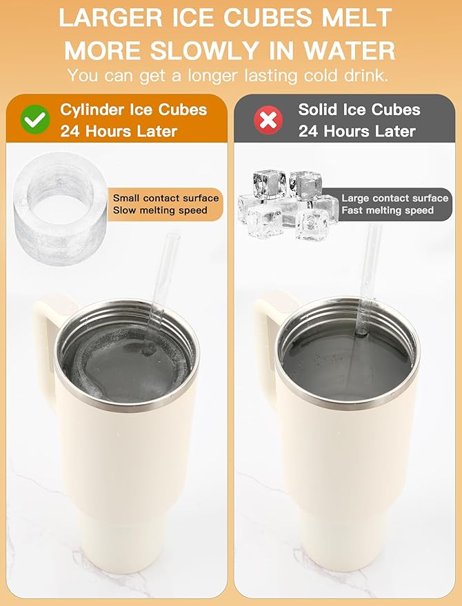 Ice Cube Tray for Tumbler Cup 30Oz-40Oz, 3 Pcs Silicone Cylinder Ice Mold with Lid and Bin for Freezer, Easy Fill and Release Ice Maker for Whiskey, Cocktail BPA-Free