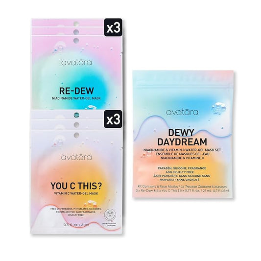 Avatara Dewy Daydream 6-Pack Water-Gel Mask, You C This? Vitamin C Masks, 3 Pack & Re-Dew Niacinamide Water-Gel Masks, 3 Pack | 0.71 fl.oz /21 mg