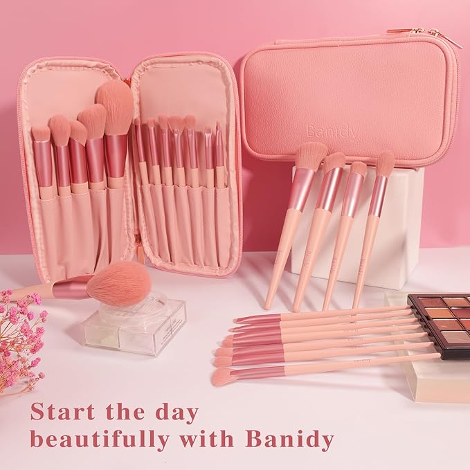 Makeup Brush Set with Storage Bag&Case Organic Environmental Vegan Bristles Complete Kit for Professional and Beginner Soft Synthetic Hairs for Eyeshadow, Eyebrow, Concealer, Foundation, Powder, Blend