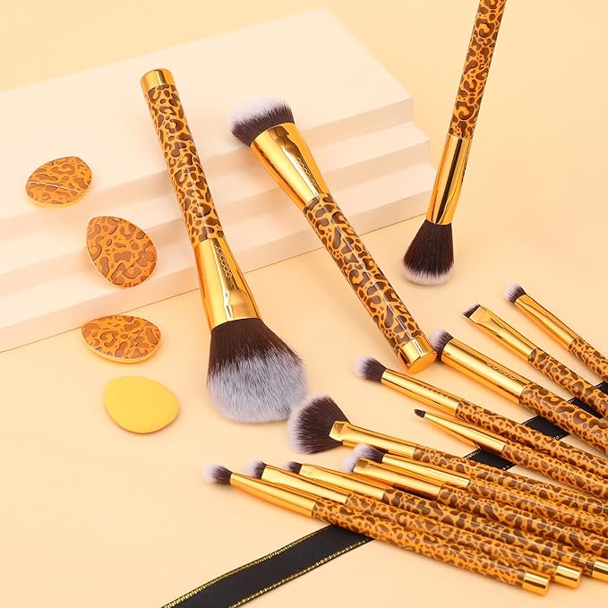 Docolor Makeup Brushes Leopard 14pcs Premium Synthetic Foundation Powder Concealers Eye shadows Blush Makeup Brush Set with 4pcs Makeup Puffs