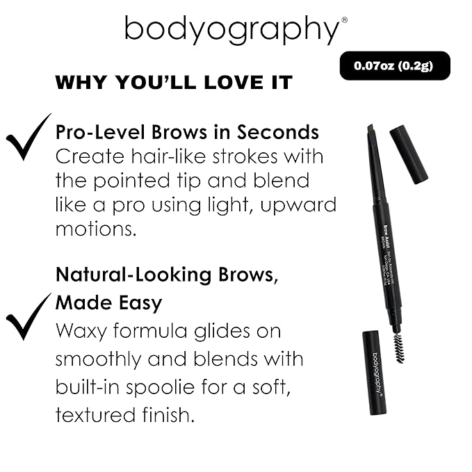 Bodyography Brow Assist – Taupe | Triangular Tip Eyebrow Pencil for Women with Built-In Spoolie | Defines, Fills & Shapes Brows | Mineral-Based Formula with Castor & Coconut Oil | Clean, Vegan