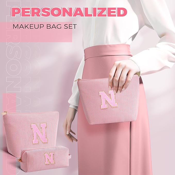Personalized Makeup Bag for Women Girls - Fashion Cosmetic Bag Trendy Travel Toiletry Bag with Initials Letter - Teen Gifts - Peach,N