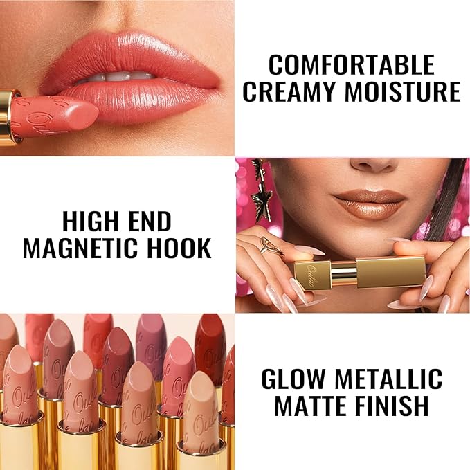 Oulac Coral Pink Matte Lipstick with Glow Metallic Finish - Vegan Lipstick for Women, Creamy Texture, Hydrating Clean Beauty Formula, High-End Magnetic Hook Design, GM09 Elysium