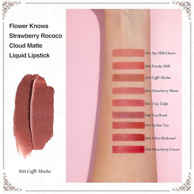 Flower Knows Strawberry Rococo Cloud Lip Cream,Velvety Matte Liquid Lipstick,Nude Lipstick,Long Lasting Lip Stain,Kiss-proof Blurred Lipstick for Girls&Women,0.12 Fl Oz(S03 Caffe Mocha)