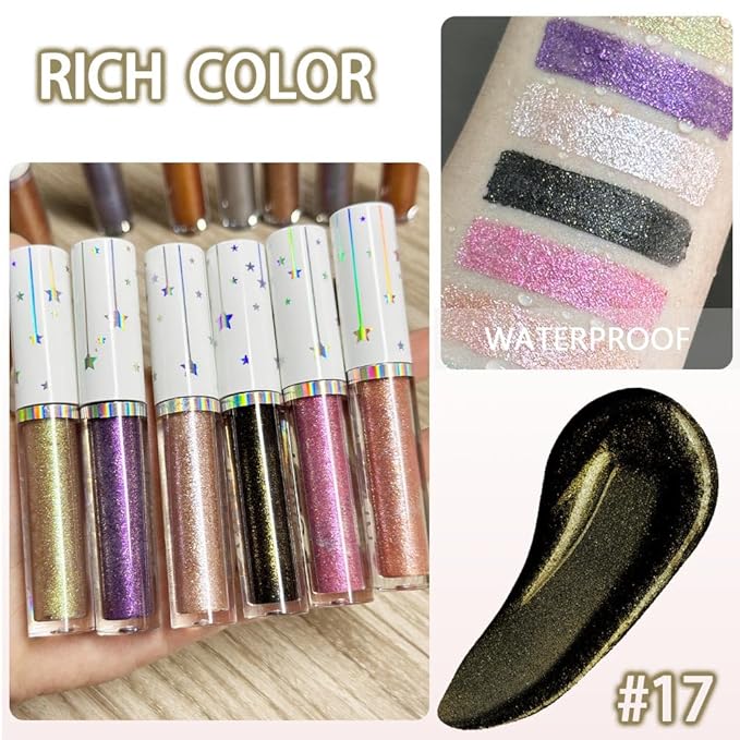 evpct Liquid Shimmery Glitter Eyeshadow Eyeliner, High Pigment Colored Metallic Eyeshadow Stick Eyeliner, Waterproof Long Lasting Sparkle Eye Makeup Set for Women, 17# Clinker