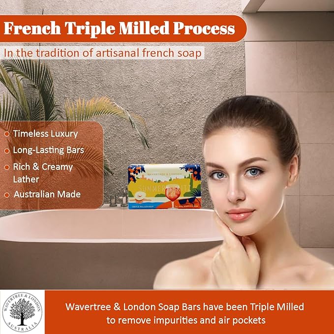 Wavertree & London Summer Spritz Scented Natural Soap (2 Bars), 7oz Moisturizing French Triple Milled Soap Bars enriched with shea butter - Pure Plant Based Bath & Body Bars for All Skin Types