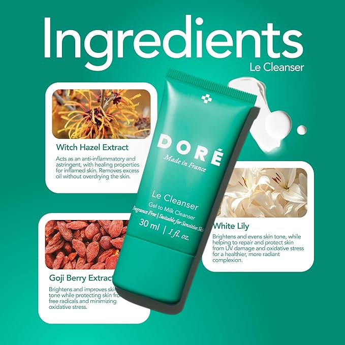 Doré - Le Cleanser Gel to Milk Daily Face Cleanser | Gentle Hydrating Cleaner for Dry & Sensitive Skin | Makeup Remover for Women & Men for Face (1 fl oz | 30 ml)