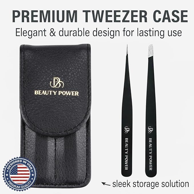 Precision Tweezers for Women Facial Hair & Men - Professional Tweezers Set with Slant & Point Tips, German Stainless Steel, PU Leather Travel Case, Lightweight & Ultra Precision Black
