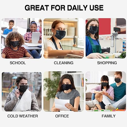 DC-BEAUTIFUL 100 Pieces Black Disposable Face Masks, Non Woven 3ply Earloop Disposable Masks, Fit for Adults