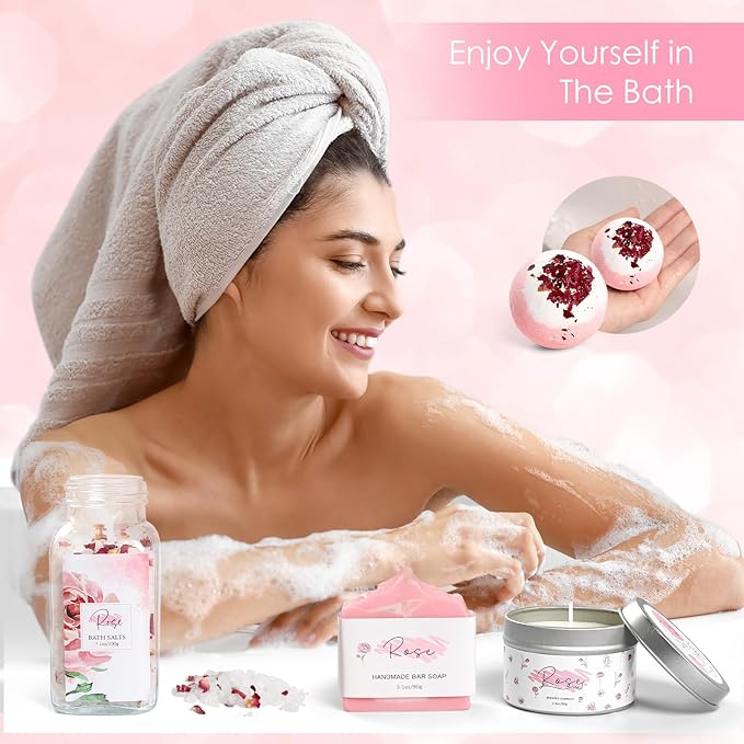 Mother's Day Gifts，Rose Spa Gifts Set, Bath Gifts Set for Women, Relaxing Spa Gift Basket for Women, Self Care Package, Home Spa Products, Birthday Gifts for Mom Mother's Day (Rose)