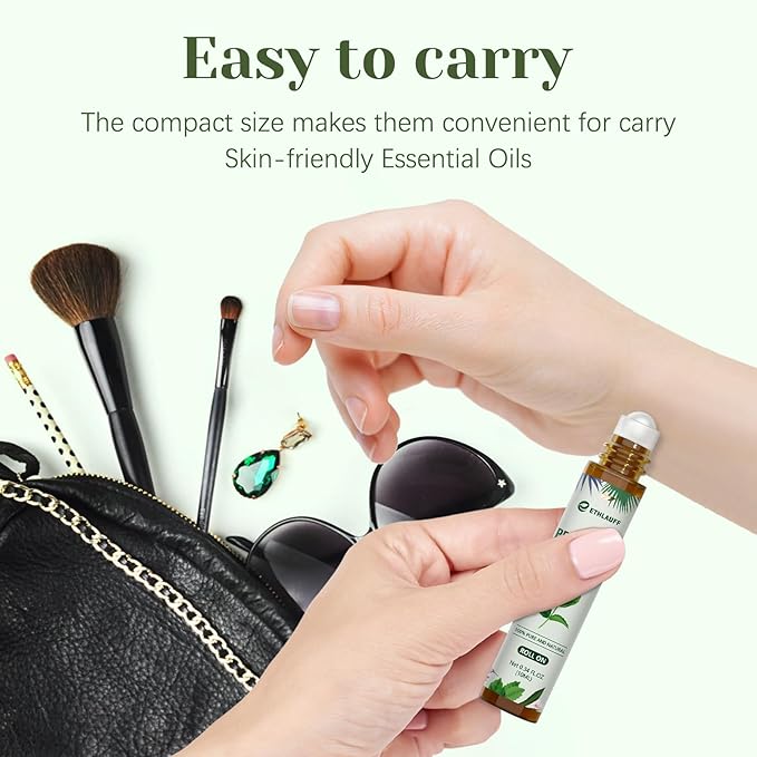 Peppermint Essential Oil Roll On, Natural & Prediluted Oil Blend Roller with Fresh Minty Aroma - Aromatherapy & Headache Relief
