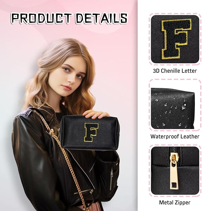 TOPEAST Initial Makeup Bag for Travel, Chenille Letter Pouch Cosmetic Bag, PU Leather Waterproof Toiletry Bag, Personalized Gifts for Bride Bridemaids, Cute Things for Girls (Black Q)