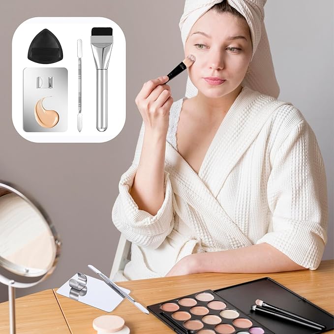 4Pcs Makeup Foundation Mixing Palette Set, Including Spatula Makeup Brush, Palette Tray, Powder Puff Make Up Accessories for Women Girl Make Up Cosmetic Spatula Tool