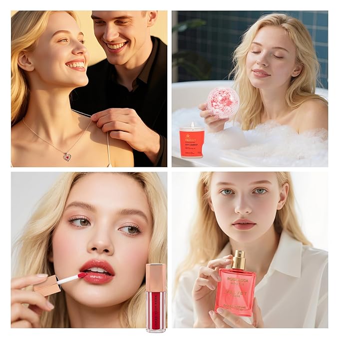 Christmas Gifts for Women, 33 Pcs Rose Facial Skin Care Set, Bath & Body Spa Set, Hydrogel Mask, Makeup Bag, Face Serum, Necklace, Parfume, Bath Bomb, Mother Day, Valentine's, Birthday,Baby Shower