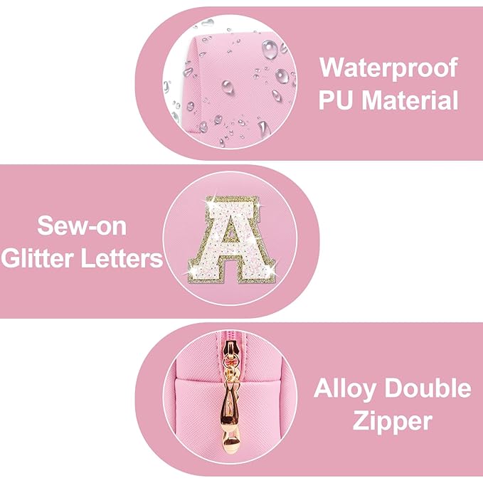 Small Personalized Initial A-Z Patch Makeup Bag,Pink Cute PU Leather Glitter Letter Cosmetic Bag for Teen Girls,Travel Toiletry Bag with Zipper,Preppy Monogrammed Birthday Gift for Daughter Niece A