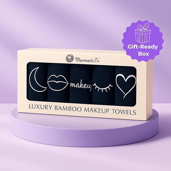 Black Makeup Washcloths for Face, 5-Pack Face Towels Reusable, 11.5 x 11.5, Gift-Ready Box, Viscose from Bamboo & Turkish Cotton