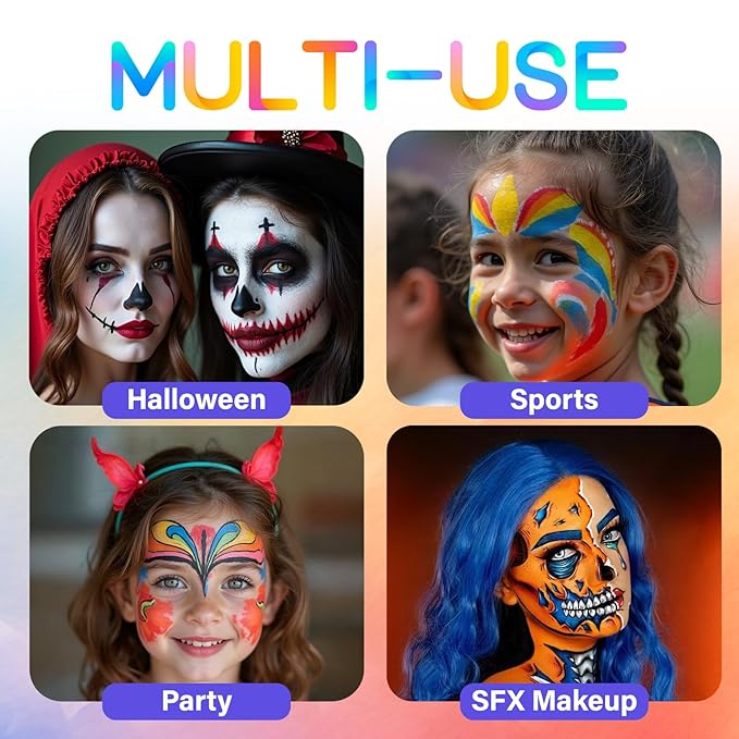 10 Colors Face Body Paint Set, Water Based Body Paint for Kids, Washable Face Paint Kit with Brushes & Sponges, Non-Toxic Face Painting for Halloween Party Cosplay Stage Makeup