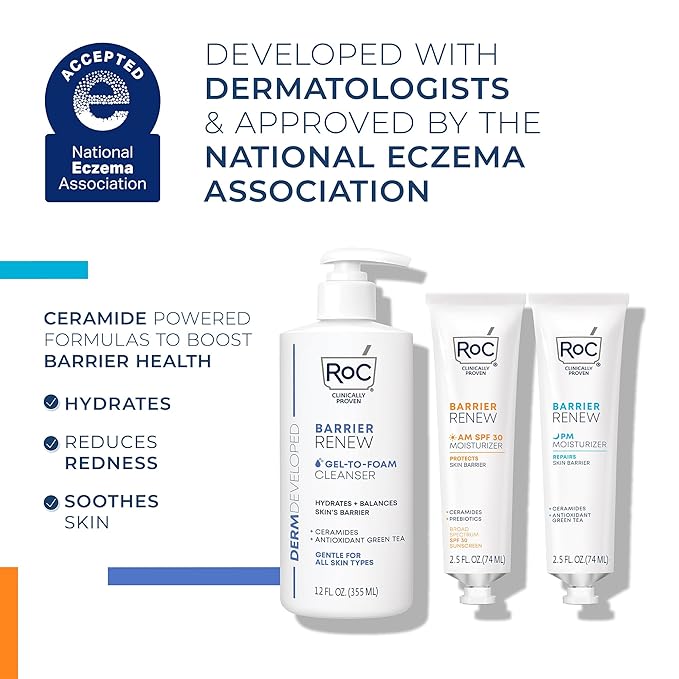 RoC Barrier Renew Bundle: Night Moisturizer, 2.5oz + Day Cream with SPF 30, 2.5oz + Barrier Renew Gel to Foam Non Drying Cleanser, 12oz