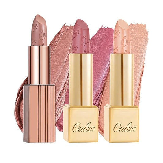 Oulac Metallic Nude Lipstick Set 3PCS, Comfortable Creamy Texture, Smooth No Grainy Feeling, Vegan & Gluten Free, Full-Coverage Lip Makeup, 3 X 4.3 g, 603+GM04+GM06