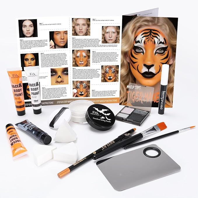 Halloween for Pumpkin Tiger Makeup Kit, Complete Halloween SFX Costume Makeup Set for Pumpkin &Tiger Cosplay ,Black White Orange Water-Based Face Paint Kit with Black Lip Gloss