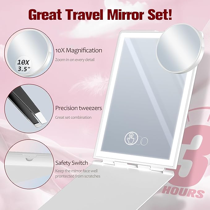 Travel Makeup Mirror with Lights, Rechargeable Portable Folding Compact Mirror Set with Tweezer, Lighted Makeup Mirrors with 72 LED 3 Color Light Modes, Dimmable Touch Screen LED Mirrors