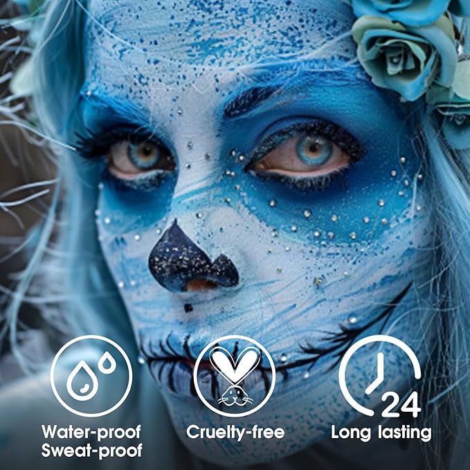 BADCOLOR Light Blue Face Body Paint, Pale Blue Eye Black Stick for Football/Baseball/Softball, Hypoallergenic Grease Sticks for Corpse Bride Halloween SFX Avatar Sally Makeup