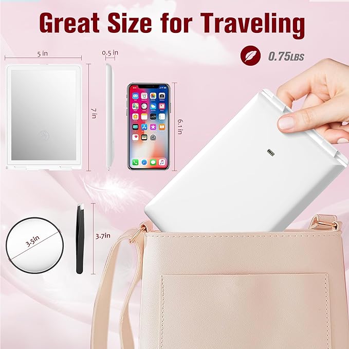 Travel Makeup Mirror with Lights, Rechargeable Portable Folding Compact Mirror Set with Tweezer, Lighted Makeup Mirrors with 72 LED 3 Color Light Modes, Dimmable Touch Screen LED Mirrors