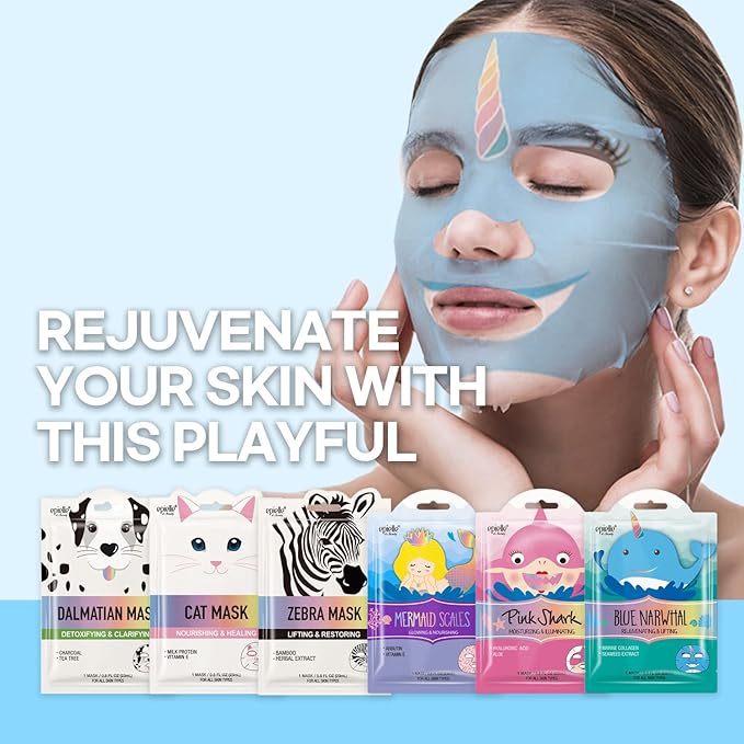 Epielle Animal Character Sheet Masks 12 Pack, Moisturizing & Rejuvenating Face Mask with Hyaluronic Acid & Vitamin E, Korean Skin Care, Girls Spa Party Favors, Sleepover, Self Care Gifts for Women