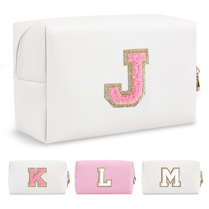 Personalized Makeup Bag Initial A-Z Preppy Patch Bag,Small PU Leather Travel Cosmetic Bag Pouch with Zipper,White Cute Toiletry Bag,Gift Ideal for Teen Girls Women Birthday Friend Mom,Letter J