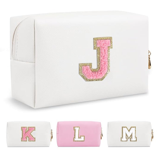 Personalized Makeup Bag Initial A-Z Preppy Patch Bag,Small PU Leather Travel Cosmetic Bag Pouch with Zipper,White Cute Toiletry Bag,Gift Ideal for Teen Girls Women Birthday Friend Mom,Letter J