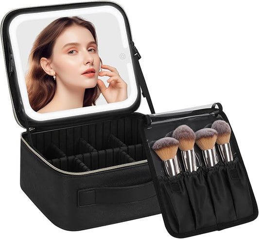 Chomeiu Makeup Bag with LED Mirror, Travel Makeup Case for Women and Makeup Artists Cosmetic Organizer Large Make Up Bags with Light Up Mirror, 3 Color Lights, Adjustable Dividers and Brush Holder