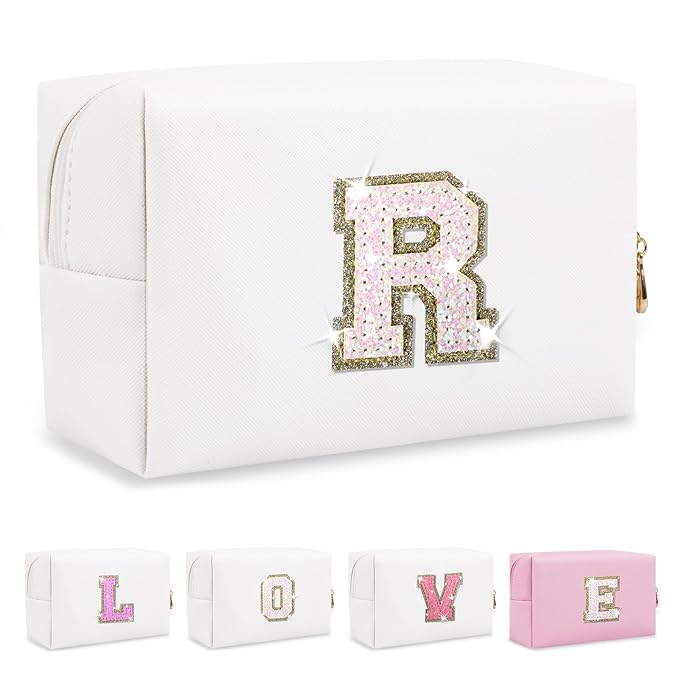 Small Initial Patch Makeup Bag Personalized Gifts Make Up Bag,White Cute PU Leather Glitter Letter Cosmetic Bag with Zipper,Trendy Portable Travel Toiletry Pouch,Preppy Stuff for Teen Girls Women R