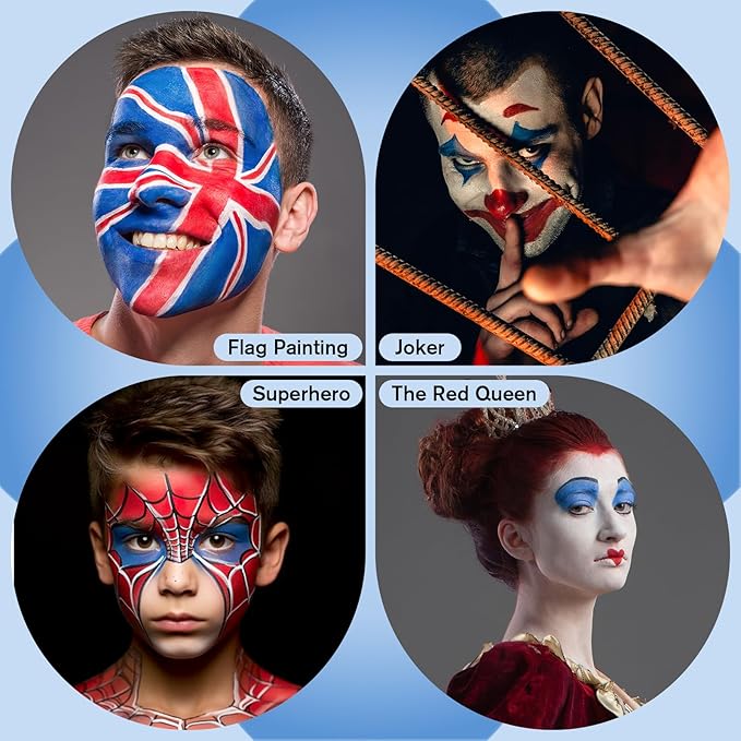 US Flag Red White Blue Joker Face Body Paint with Brushes for Halloween & 4th of July USA Independence Day America’s Patriotic Parades, Face Painting Kit for Kids Adults Devil Dress-Up Costume Cosplay