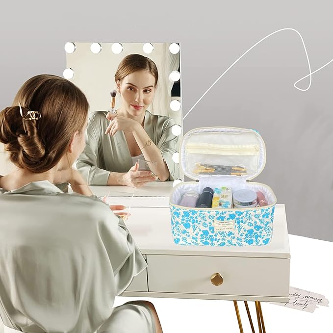 Lake Blue Large Quilted Floral Makeup Bag Cute Soft Coquette Aesthetic Cosmetic Bag Cotton Travel Toiletry Bag for Women