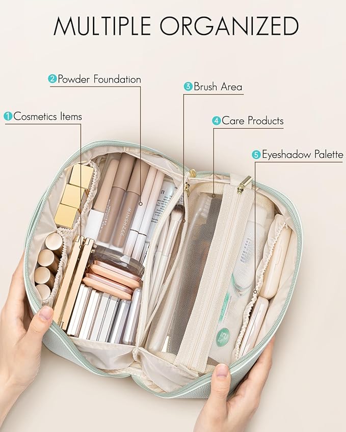 Vlando Makeup Bag,Large Capacity Toiletry Bag for Women Waterproof Portable Make up Pouch PU Leather Open Flat Cosmetic Bag(Mint Green)