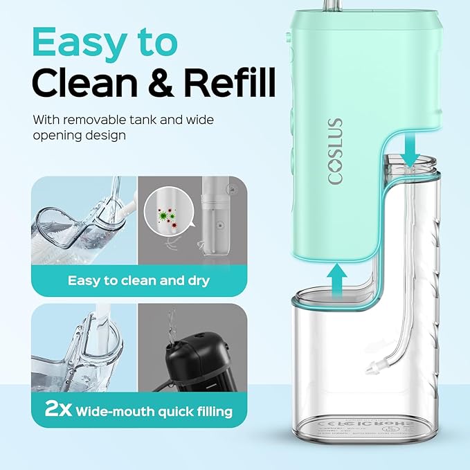 COSLUS Mini Water Flosser for Travel: Portable Lightweight Design Cordless Oral Irrigator with Removable Tank & 4 Modes, IPX7 Waterproof for Braces, Sensitive Teeth Travelers & Family Use, Green, T40