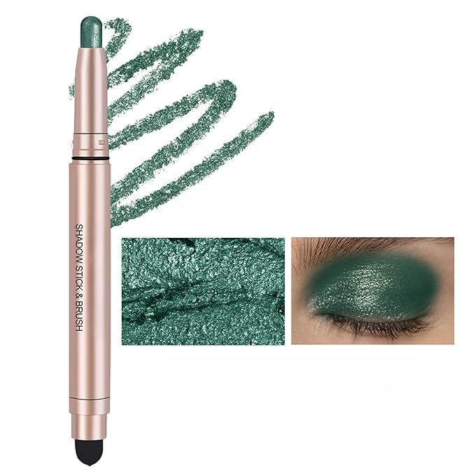 Long-Lasting Cream Eyeshadow Stick Shimmer Finish Easy Apply with Built-in Smudger Blendable Dark Green