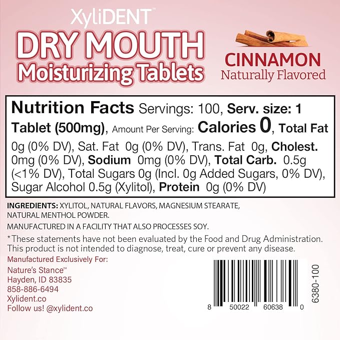 Nature's Stance XyliDENT Xylitol Tablets for Dry Mouth Relief - Stimulates Saliva, Freshens Breath, Reduces Acid Production, Fast Acting Relief, 100 Count (Cinnamon)
