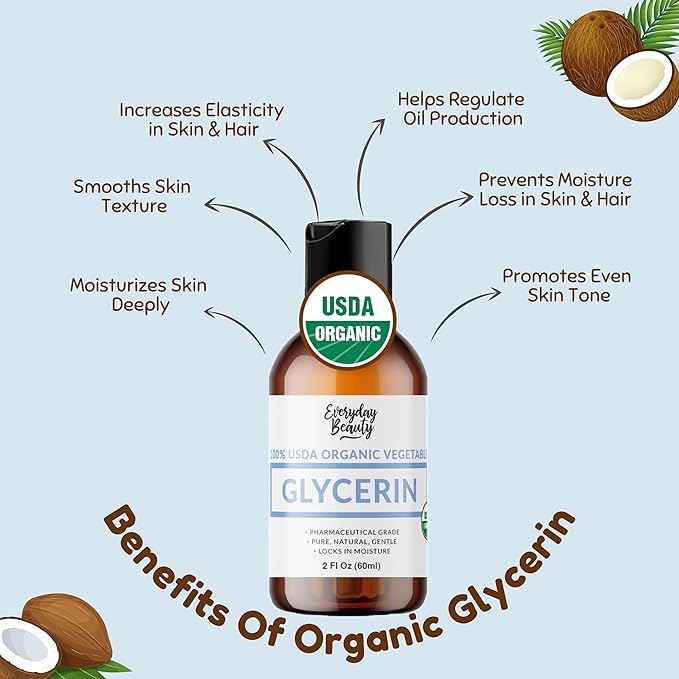 100% Organic Glycerin - For Skin & Hair - Food Grade - USDA Certified - Not From Palm Oil - Perfect Skin and Hair Moisturizer - 2 Fl Oz